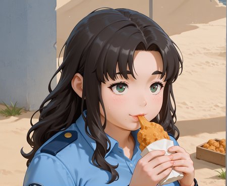 PonyScores7, source_anime, ah1, IllustriousQual, <lora:natsumi_style:0.5>, <lora:by_usakun-pony:0.4> by usakun, <lora:Akina_Bbw_Style_-_PonyXL:0.2> AkinBw
BREAK 1girl, mature female, (curvy), round-chin, caucasian, <lora:ETO_OCPonyXL:0.5> eto_oc, skindentation, (plump), thick thighs, wide hips, busty, voluptuous, lips, <lora:venus body PonyXL:0.4>, <lora:shinyskin2:0.2> glistening skin
BREAK (curly hair), long hair, (black hair:1.4), (parted hair:1.7), messy hair, kinky curls
BREAK (half green and brown eyes), (colorful eyes), (multicolored eyes), (downturned eyes:1.4), expressive eyes
BREAK <lora:Expressive_H:0.2> Expressiveh, <lora:Emotional_Anime_Expressions_PonyXL_Concept:0.2> emotional, <lora:Best_Facial_Expression_LoRA_PONY:0.2>, <lora:Detailed expressive EXEV style -XL Pony V1.0:0.2> FaceDetail, (round face:1.2), (thick eyebrows:1.3), (plump face), <lora:Round_face:0.2>
BREAK (eating Chicken Nuggets)
BREAK The policewoman wears a functional uniform with a belt and hat
BREAK (Sandstone Terrace, An elevated terrace offering panoramic views of the surrounding desert, with cushioned seating areas under billowing canopies, mosaic tables for outdoor dining, and flickering torches illuminating the night sky)
BREAK <lora:xl_more_art-full_v1:0.2>, <lora:aesthetic_anime_v1s:0.2>, <lora:EpicF4nta5yXL:0.2>, <lora:detailxl:0.2> detailxl, <lora:Fant5yP0ny:0.2>, best quality, amazing quality, best aesthetic, absurdres, illustration, Volumetric_Lighting, ultra-detailed, very aesthetic, intricate details, 8k, masterpiece, best_quality
BREAK (zoom_out:1.8), (Low-Angle Shot)
BREAK Stable_Yogis_PDXL_Positives, AS-Adult, <lora:Complicated fantasy portrait - XL Pony V2.0:0.3>, bad-hands-5, <lora:HDA_Detailer:0.5>, HDA_FatGirlXL