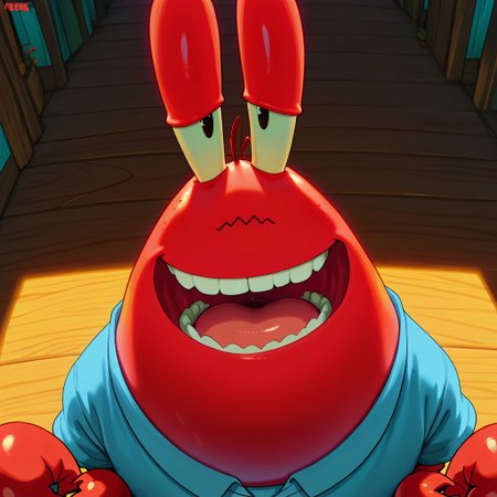 masterpiece, best quality, amazing quality, Mr_krabs, red skin, claws, blue shirt, smiling, grin, Male, teeth, detailed teeth, good shading, face focus, looking at viewer, open mouth