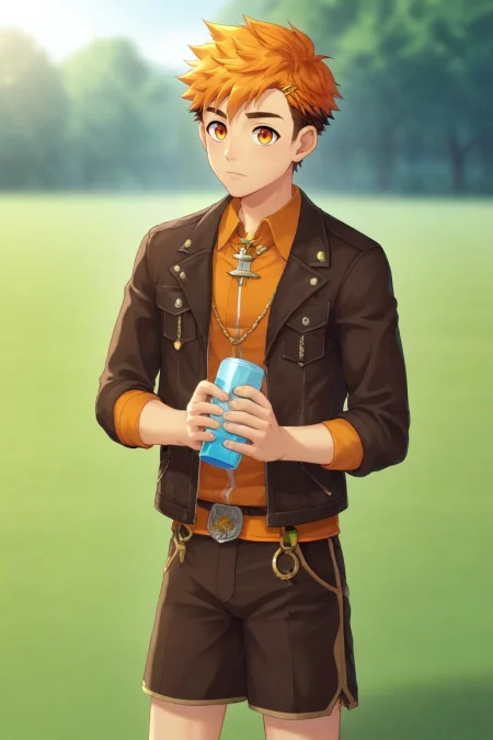 score_9, score_8_up, score_7_up, , rating_safe, , , , depth of field, 1boy, solo, male focus, <lora:hiro_akiba_pony:0.9>, hiro_akiba, orange hair, orange eyes, short hair, multicolored hair, brown hair, , , male Late twenties Shapely, Polynesian, Dark brown eyes, Unique Ears, Roman Nose, Asymmetrical Cheeks, Shapely Hamstrings, , Rose Gold Dreadlocks hair, Relief, wearing Pleated khaki shorts, Faux leather jacket, , ,, Hands holding an object delicately, showing care, <lora:sdxl_lightning_8step_lora:1>