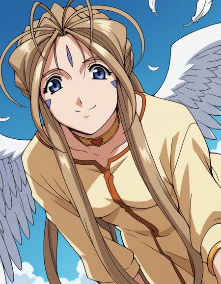 score_9, score_8_up, score_7_up, source_anime,
belldandy, <lora:belldandy-s2-ponyxl-lora-nochekaiser:1>,
belldandy, long hair, blue eyes, brown hair, facial mark, forehead mark,
gloves, wings, choker, fingerless gloves, bracelet, ring, feathers, angel wings,
sky, blue sky, clouds, bent over, smile,
cowboy shot, solo, dutch angle, looking at viewer,
