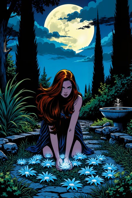 Beneath the silvery light of a full moon, a woman with dark, olive skin and long, flowing auburn hair kneels in her garden, her hands gently arranging a circle of glowing, blue night-blooming flowers. The garden is bathed in soft moonlight, and the flowers, known as "lunar lilies," emit a faint, ethereal glow that illuminates the surrounding plants in shades of blue and silver. Around her, tall cypress trees stand like silent sentinels, their leaves swaying gently in the cool night breeze. The air is filled with the soft rustling of leaves and the distant hoot of an owl, adding to the calm, mystical atmosphere. The womanâs eyes, bright and reflective under the moonâs light, are filled with quiet wonder as she arranges the blossoms in a delicate pattern, creating a living mandala. In the corner of the garden, a small stone fountain gurgles quietly, its sound blending with the whisper of the wind and the soft hum of nocturnal insects. The womanâs connection to her garden feels almost magical, as if she is in tune with the rhythm of the night and the secret language of the plants. The scene is a quiet, moonlit ritual of beauty and harmony. , detailed background  Fantastic lighting. Detailed shadows.intricate details, vivid colors, hyper-detailed, ultra-sharp,meiman_style,This is a retro comic book style digital illustration,  <lora:å¤å¤ç¾æ¼«v2:0.4><lora:Vintage comic book:0.4><lora:RetroAnimeFluxV1:0.15><lora:Greg_Capullo_style:0.4><lora:jeanClaude_Mzires_Style_FLUX-000001:0.4><lora:Flux_Ink_Anime:0.4>