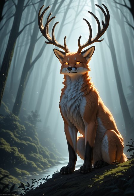 (masterpiece), best quality, Anime, Gold and White Theme, (Ancient Runes, Glowing Runes, Light Refraction), Symphtia-Style, Zyrnox-Exoterra Style, (anthropomorphic fox, furry, fox), deer antlers, large antlers, mystical patterns, dark fantasy character, rugged appearance, majestic primal look, gritty art style, 2.5D art, dark fantasy style, cinematic lighting, moody atmosphere, detailed fur texture, highly detailed, sharp focus, shadowy forest, misty atmosphere, bioluminescent glow, dark forest background, dim lighting, haunting aesthetic