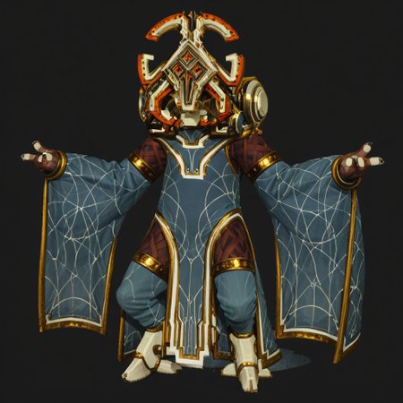 smile, helmet, hooves, robe, black background, 1other, full body, standing, tabard, colored sclera, boots