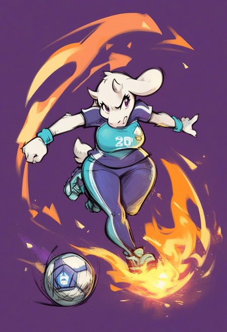 score_9_up, score_8_up, score_7_up, 1girl, toriel, goat snout, purple eyes, horns, fluffy, wide hips, soccer ball, sportswear, soccer uniform, full body, lineart, fire aura, angry