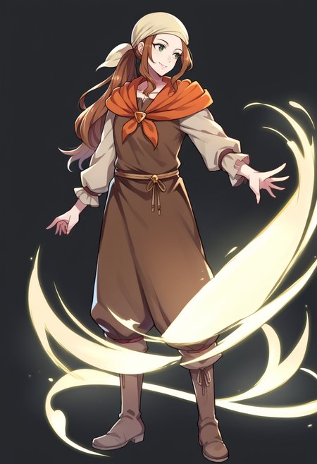 score_9, score_8_up, score_7_up, source_anime BREAK solo, 1girl, <lora:Fates-villager-maiden-pdxl_Fp-000005:1>, fatesvillagemaiden, ponytail, long hair, bandana, brown hair, green eyes, brown shirt, long sleeves, neckerchief, pants, smile, boots, <lora:feh-style-richy-v1_pdxl:1>, fehspc, full body, standing, black background, simple background, looking to the side,