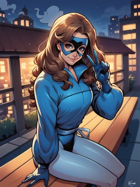 score_9, score_8_up, score_7_up, 1girl, holding her own hair, from side, sitting on bench, sexy, dynamic pose, smile, cute pose, solo, detailed background, looking at viewer, wide shot, cowboy shot, (v:1.1), night, city, buildings, smoke around, from above, 
 <lora:KittyPryde_character:1>, KittyPryde, brown hair, long hair, brown eyes, makeup, blue leotard, bodysuit, pantyhose, (mask:1.1), puffy sleeves, long sleeves, gloves, sash, cartoon,