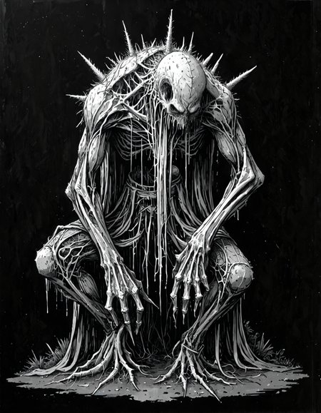 score_9, score_8_up, score_7_up, mm-style, monochrome, black background,(eldritch abomination, cactus monster ), spikes, tattered clothing, horror, dark fantasy, full body,cactus in a pot, <lora:Monochrome_Monsters_Pony:0.8>
