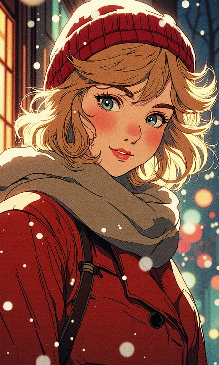 An anime-style close-up portrait of a 25-year-old woman dressed for winter, her radiant smile bringing warmth to the chilly scene. She wears a cozy winter hat and a snug scarf wrapped around her neck, paired with a vibrant red warm winter jacket that pops against the white arctic gradient background. Blonde messy hair peeks out from under her hat, tousled by the cold wind and lightly dusted with delicate snowflakes.
Her expression is joyful and inviting, her mouth slightly open in a genuine smile that adds to the cozy and cheerful atmosphere. Snow falls softly around her, catching the glow of a strong key light that illuminates her face, highlighting her features and the soft shimmer of her expertly applied makeup.
The warm light contrasts beautifully with the cool tones of the snowy background, while subtle shadows add depth and dimension. The bokeh effect blurs the falling snow and distant scenery, drawing focus to her bright eyes and glowing complexion. The depth of field enhances the intimate, cinematic quality of the shot, capturing the textures of her jacket, hat, and the playful scattering of snowflakes.
This portrait combines the coziness of a winter day with the elegance of fashion photography, blending warm tones and joyful energy to create a visually captivating and heartwarming image.
BREAK anime, OBdonman, d13s3lp2nk,