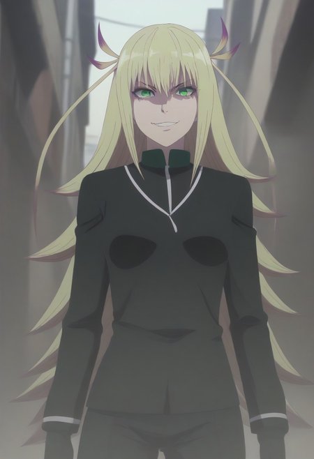 <lora:SlimesKanonIsui:1>, slimes_kanonisui, woman, solo, green eyes, alley background, evil smirk