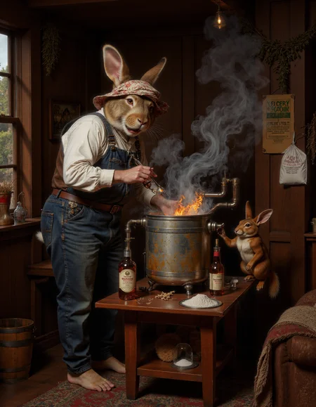 full body shot of Rembrandt style <lora:antr:1>, A comical scene of a mischievous anthropomorphic rabbit running an illegal moonshine still in a cozy woodland cottage. The rabbit is wearing overalls and a bandana, with oversized ears peeking out from under a tilted hat. Itâs furiously stirring a bubbling pot on a homemade stove rigged with copper pipes and barrels, while bottles labeled 'Hareâs Brew' and 'Forest Fire' are scattered around. Smoke fills the air, setting off a small fire alarm or making the rabbit sneeze hilariously. A nervous squirrel peeks through the window, holding a bag of sugar, as if delivering supplies for the operation. The interior is cluttered but charming, with rustic details like wooden furniture, drying herbs hanging from the ceiling, and humorous signs warning about âhigh-proof hares.â Playful lighting and exaggerated expressions add to the humor . Baroque, chiaroscuro, realistic, emotional, "flat lighting. Whole outfit, clear, sharp, balanced