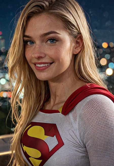 score_9, score_8_up, score_8_up, 1girl, Supergirl, blonde hair,  athletic build, white costume, looking at viewer, smiling, close up, outside, cityscape, night time, bokeh, high quality, masterpiece,