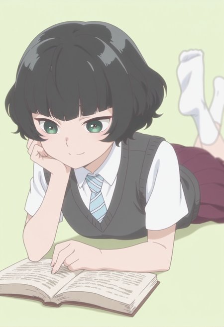 anime screencap, anime coloring,   <lora:DX888Hitoha:1> hongou hitoha, green eyes, black hair,short hair, blunt bangs, BREAK school uniform, white shirt, striped necktie, sweater vest, skirt, socks,  BREAK simple background,  green background, BREAK  1girl, book,  closed mouth, depth of field, hand on own cheek, hand on own face, head rest, lying, no shoes, on stomach, open book, reading, smile, soles, solo,