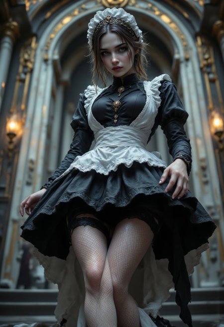 A teenage girl, in the style of Jed-clrfl, aidmafluxpro1.1, aidmaMJ6.1, R3alisticF, Jed-frmd , French Maid , A short, frilly black dress with white apron,  fishnet stockings, black heels (4k, RAW photo, best quality, perfection style, 50mm, depth of field, ultra high res:1.1),(intricate, photorealistic, low angle, cinematic-shot, masterpiece, ultra-detailed:1.1).