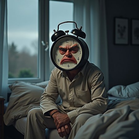 Professional photo of a man with an alarm clock for a head, but this isn't just any clock — it has tired, drooping eyes right above the clock face, red with exhaustion, and dark circles beneath them. The alarm clock's bell rings softly as his mouth, located right below the clock's hands, is twisted into a deep frown, reflecting his bad mood. The eyes blink slowly in irritation, while the frown grows more exaggerated as if he's grimacing at the thought of another early morning.
He's sitting on the edge of his bed, dressed in mismatched, wrinkled pajamas. His bedroom is dimly lit with morning light trickling through the curtains, but the gray skies and the sound of rain hitting the window make the scene feel heavy with reluctance. His alarm clock head shows 6:00 a.m., and even though the clock-face is mechanical, his eyes and mouth perfectly convey how upset he is to be awake at this hour.
The room feels cluttered, with blankets half on the bed and pillows strewn on the floor. His body slumps forward, hands on his knees, staring blankly ahead as if weighing the idea of getting up versus staying in bed. The droopy eyes, coupled with his angry frown, perfectly encapsulate the frustration of waking up too early — a scene that captures his disdain for the morning as he contemplates the long day ahead.