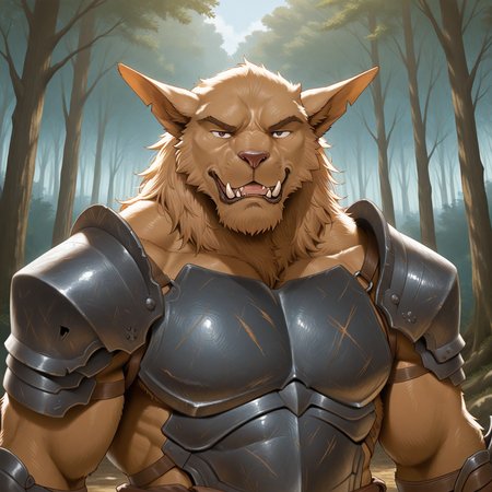masterpiece, best quality, amazing quality, very aesthetic, absurdres, newest,  mizukigai, (male), b_b34r, furry, pointed ears, fangs, brown fur, forest, upper body, looking at viewer, armor, solo, brown eyes