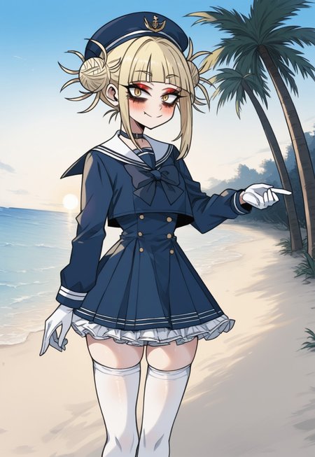 safe_pos, score_9, score_8_up, score_7_up, anime , rating_explicit, anime screencap, anime style, dizzle, makeup, makeup, eyeliner, bags under eyes, Perfect hands, Perfect fingers, Perfect eyes, reij-nmrt, beutiful face,
beach, water, palm trees, sand, blue sky, sun, 
Jedhmkto, blonde hair, messy buns, Yellow eyes, closet mounth,
Jed-Salr, Navy Blue Mini Dress, White Trim,  White Sailor Collar,  Nautical Stripes,  White Thigh-High Stockings, Red Heels, Sailor Hat,  White Gloves, Sailor Cuffs, White Petticoat