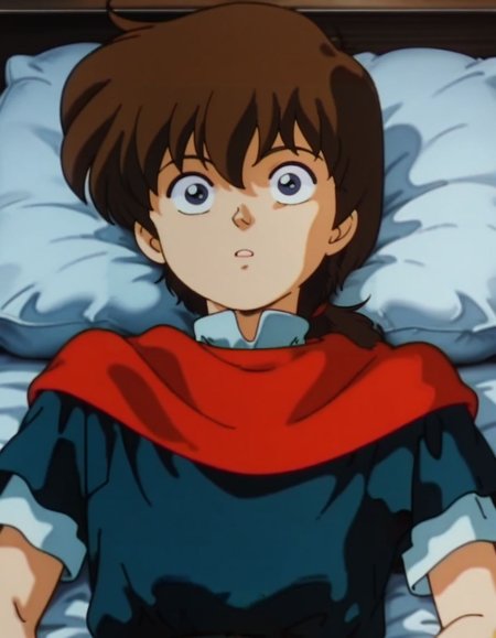masterpiece, best quality, upper body, 1boy, male focus, solo, lying on bed, on back, wide eyed, parody, sprawled, 
<lora:Robin:1>, robinn, long hair, bangs, brown hair, low ponytail, male focus, retro artstyle, blue eyes, short-sleeves, red scarf,