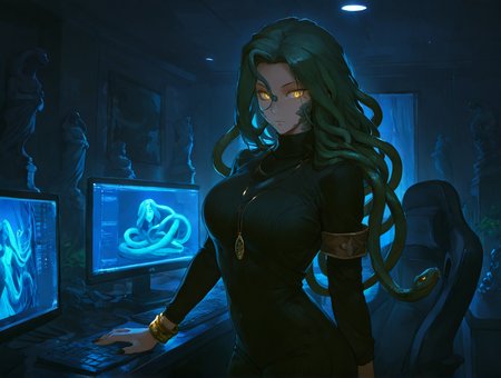 high quality, best quality, masterpiece, highres, very aesthetic, absurdres, <lora:illustrious_quality_modifiers_masterpieces_v1:.4>, detailed hair, <lora:NSFWFilter_illusXL_Incrs_v1:-.5>, solo focus, dynamic pose, cowboy shot, 
Medusa \(Mythology\), long hair, (snake hair), dark green snakes, multicolored scales, dark blue snakes, yellow eyes, slit pupils, glowing eyes, mole under eye, tan skin, (cheek scales:1.2), sharp nails, large breasts, gold bracelet, necklace, armband, marble statues 
, indoors, in a computer room, desk, computer, monitor, gaming chair, <lora:lowlight:.9>, night, dark theme, low lighting, <lora:cutesexyrobutts-20:1> cusero