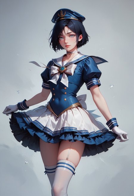 score_9, score_8_up, score_7_up, 1boy, femboy, otoko no ko, short hair, bob cut hair, black hair, grey eyes, gray eyes, feminine face, toned body, Shelly, Jed-Salr, Navy Blue Mini Dress, White Trim,  White Sailor Collar,  Nautical Stripes,  White Thigh-High Stockings, Sailor Hat,  White Gloves, Sailor Cuffs, White Petticoat, highly detailed, intricate, zzCitronCAT, pose, modelshoot, solo