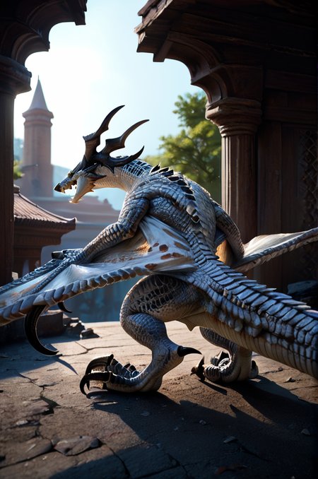 source_furry, score_9, score_8_up, score_7_up, (wyvern_xv, wyvern, feral), scalie, white scales, detailed scales, horns, blue eyes, detailed eyes, claws, tail, winged arms, <lora:FF_Wyvern10:0.8>, indoors, temple, standing, from side, look back, look at viewer, looking happy, zPDXL2, zPDXLpg, zPDXLrl, shaded, best quality, highly detailed, extreme detail, photorealistic
