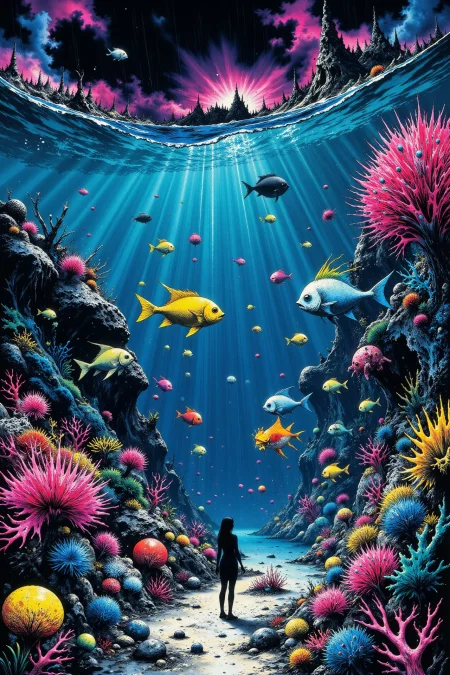 a school of fish next to a coral reef beautiful anime landscape, rain and storm, woman, very intricate, very detailed, sharp, bright, colorful, <lora:Hand v2:0.5> <lora:Anti-Blur:1><lora:Insane Detail Slider:0.25>  <lora:flux.1_lora_flyway_Epic-detail_v2:0.3> <lora:fluxenhancer:0.25> <lora:ROWER:0.6> <lora:flux-charmer-v1-1:0.4>  <lora:Crazy_Horror:1> cr3z1h0rr0r
