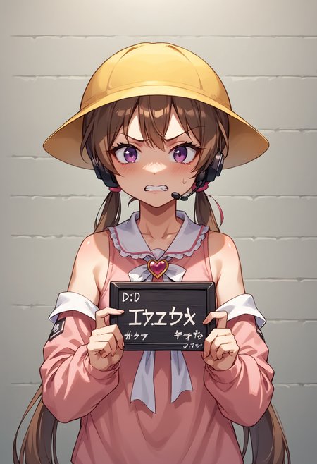 score_9, score_8_up, score_7_up, source_anime, BREAK
<lora:TsukiyomiAi_MMD_Pony_V1:0.83> Tsukiyomi_Ai, Purple Eyes, brown hair, very long hair, low twintails, bangs, pink hair ribbon, headset, school hat, yellow hat, 
White neck ribbon, kindergarten uniform, collared dress, frilled collar, pink dress, Heart Brooch, short dress, Sleeveless dress, Heart name tag, 
(off Shoulder), collarbone, sleeves past fingers, pink sleeves, 
(upper body),
1 girl, solo, flat chest, angry, clenched teeth, furious, watery eyes,
 <lora:mugshot_pony:1>(mugshot, holding sign, mugshot wall, Dim lighting)