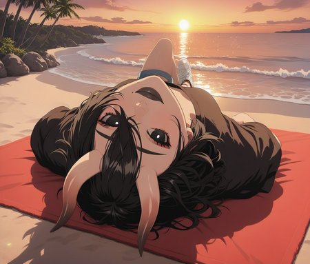 LDSCH Style, aesthetic, (masterpiece, newest, 2024, absurdres, very awa, intricate details:1.4) looking at viewer, cute, detailed hair, absurdres, masterpiece, very aesthetic, red theme, sunset, golden hour, clouds, tropical tree, vegetation, rocks beach, sand, ocean, ocean waves, water,  lens flare, , beach, laying on back on a red towel, wet, lying down, towel, smile, 1girl, black hair, short hair, bob cut, bangs, hair between eyes, hair over one eye, asymmetrical horns, oni horns, skin-covered horns, black eyes, black sclera, sclera, closed mouth, mole, mole under mouth, black lips, lipstick, makeup, white loose shirt, blue denim shorts, white sneakers, <lora:Fortnite_-__The_Night_Rose_ILXL_-_All_Outfits:0.9> <lora:LDSCH:0.8>