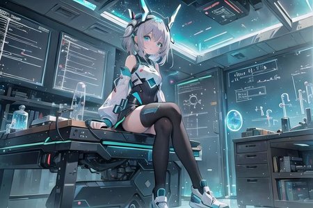 (masterpiece), (science fiction:1.4), 1girl, sitting, smile, silver hair, aqua eyes, headgear, long sleeves, detached sleeves, glowing energy clothing, light particles