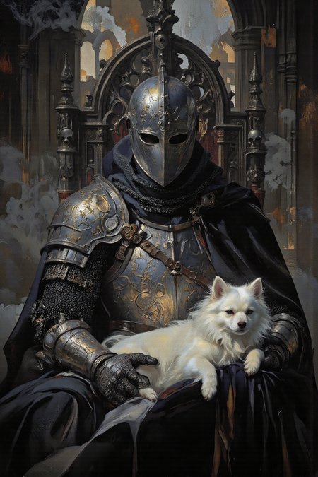 **(Oil painting, realism, highly detailed)** A masterfully painted oil depiction in the style of Albert Bierstadt, blending Gothic inspiration with ethereal realism. A Knight Templar sits regally upon an intricate throne, his presence exuding enigmatic authority. His finely crafted plate armor gleams cold and polished, adorned with etched patterns of swirling vines and sacred crosses. The great helm, imposing and mysterious, conceals his features, while a flowing black robe cascades over his form, its textured folds adding depth and weight to his solemn demeanor.  

At his side, a pure white Pomeranian rests, its silky fur rendered with luminous softness, a stark contrast to the knight’s unyielding steel. The scene is monochromatic, bathed in deep blacks and grays, enhanced by a shadowy atmospheric depth. The Gothic throne, adorned with carved arches, angular spires, and eerie skull motifs, looms behind him, its structure embodying both grandeur and decay. Abstract smoky textures weave through the background, further emphasizing the surreal interplay of light and shadow.  

The composition captures a haunting elegance—strength and tenderness juxtaposed in a surreal balance. The knight’s armor, reflecting dynamic light play, stands as a symbol of power and loyalty, while the delicate presence of the Pomeranian introduces an unexpected moment of quiet majesty. The medieval tone, regal contrast, and striking visual depth create a compelling fusion of solemnity and surrealism. **HD, 8K quality, ultra-detailed, masterpiece artwork, flawless anatomy.**