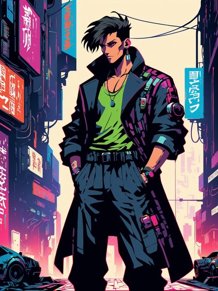 mad-stncl, man cyberpunk alley <lora:Stencil_Art_SDXL:0.8>, (masterpiece:1.2), best quality