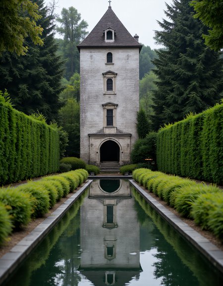 A tranquil scene of a tall, narrow tower with light gray stone walls and a steep, shingled roof. The structure has symmetrical windows, including an oval-shaped window near the top and traditional shutters framing a lower window. At the base of the tower is a large arched doorway that opens up to reveal a distant landscape. The building is perfectly reflected in a long, still pond that stretches in front of it, flanked by lush, manicured green hedges on both sides. The symmetry of the scene is emphasized by the clean, geometric lines of the hedges and the waterâs mirror-like surface. The background is filled with dense trees, adding a sense of peaceful isolation. The atmosphere is serene and calm, with soft, diffused daylight illuminating the garden, and the stillness of the water enhancing the reflective quality of the architecture. aidmaHyperrealism <lora:aidmaHyperrealismv0.3:0.8>  <lora:Sinfully_Stylish_.02_for_FLUX:0.8> in the style of Jed-clrfl <lora:flux-colourful:0.6>  <lora:FluxDFaeTasticDetails:0.8>