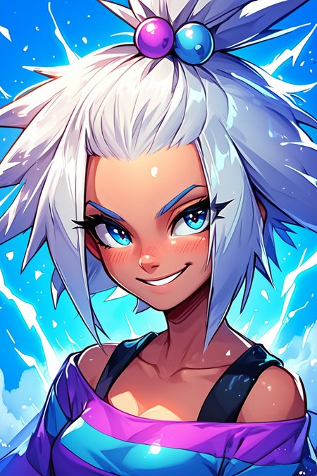 score_9, score_8_up, score_8, medium breasts, (curvy), cute, eyelashes,       BREAK, , zzRoxie, blue eyes, white hair, hair bobbles, topknot, striped dress, <lora:Roxie_Pokemon_PDXL_Citron:0.8>, , BREAK, embedding:zPDXL, Expressiveh, <lora:EnergyCAT:1.0>, solo, smile, looking at viewer, upper body, purple electricity, aura, blue sky, <lora:SDXLFaeTastic2400:0.5>, <lora:Expressive_H-000001:0.4>,