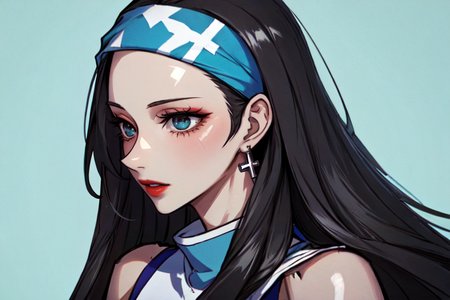 highly insanely detailed, masterpiece, top quality, best quality, highres, 4k, 8k, RAW photo, (very aesthetic, beautiful and aesthetic),  
beth_\(megami_tensei\),bethsmtii,shin megami tensei ii,long hair,black hair,straight hair,sleek black,jewelry,cross,headband,red_lipstick, 
<lora:zs_Beth:0.8>, 
(1girl:1.3), 1other, 
a colorful background,(color splash background:1.4),âââ