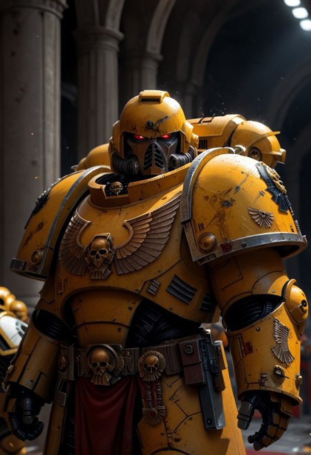 Prompt: Score_9_up, absurdres, source: Gamesworkshop, the Imperial Fists Astartes chapter, muscular rugged cleanshaven men in Yellow armor and astartes helmets wielding heavy bolters, best quality, expressive eyes, perfect face, perfect anatomy, highly detailed, perfect hands, Warhammer 40K, space marine, mantisdetailerse, adddetails, MOVIE STILL
FILM STILL
CINEMATIC
CINEMATIC SHOT
CINEMATIC LIGHTING, ImperialF40K