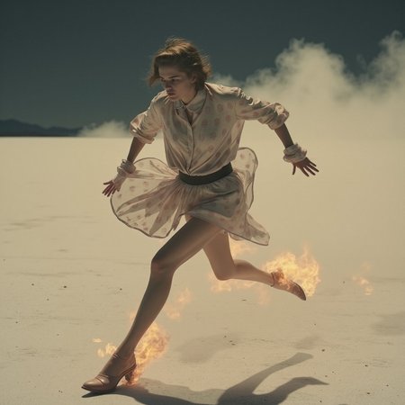 <lora:40s_Vintage_Nudity:0.8> Colour artwork. low-angle view. Renaissance photograph with fire theme. Light-toned photograph of a fiendish, adult, futuristic, clothed, casual, frowning, Edwardian valkyrie. They are sprinting in a night-time impossible salt flat, intricate white and mauve and bronze polka-dotted details, apocalyptic. In the distance there is billowing glowing fog. The overall style of the photo is vivid fine art with symbolic Surreal details. The photographer has added detail to the photograph with chemical sprays and scratch marks.