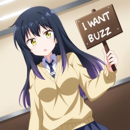 score_9, score_8_up, score_7_up,source_anime,BREAK , 1girl, Miko Yotsuya with a sign with text "i want buzz" <lora:buzz-text:.85>, yellow_eyes, black_hair, long_hair, gradient_hair, medium_breasts, yellow_eyes, black_hair, long_hair, gradient_hair, medium_breasts, school_uniform, yellow_sweater, pleated_skirt, blue_skirt, blue_necktie, white_shirt