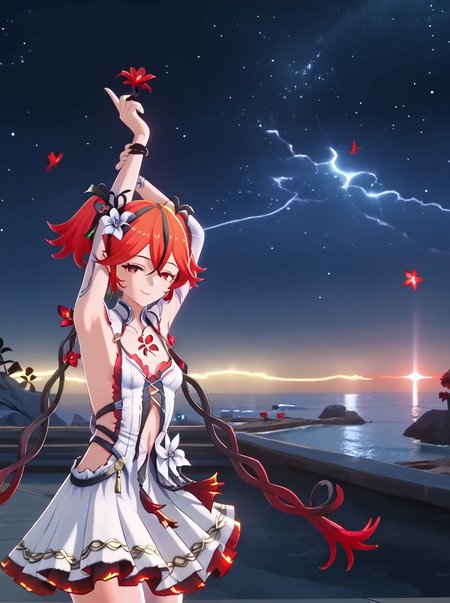 detailed background, shiny skin, rating safe,
<lora:camellya.pony:1.0>,
camellya, red hair,  red eyes, 
smirk, half-closed eyes,
night, dark, flower,