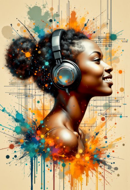 A bare shoulder portrait of an African teenage girl with ebony skin.  She is in profile, with the hair on the side of her head shaved off, and the hair on the back of her head done up in a bun.  She is wearing large high-tech headphones ans smiling as she litens to the music.  The abstract background is a combination of a technical readout diagram and broad vertical swatches of beige, orange and cyan brush stokes.  The painting is done in the style of Art Frahm.     <flux_realism_lora:0.16> <FluxDFaeTasticDetails:0.32> <BaroqueColorful:1.00>