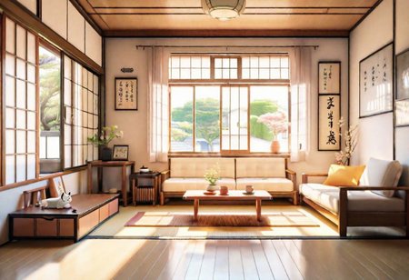 ((front view)), ((Japanese animation style)), modern-style interior, with white walls, (large windows), Nordic-style furniture, a  study, Sofa, coffee table, bookcase, single wall, 
warm light morning sun, (the view of the city)