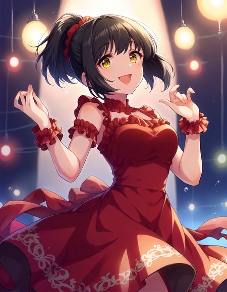score_9,score_8_up,score_7_up,1girl,solo,cowboy shot,looking at viewer,smile,open mouth,stage lights,
<lora:takafujikako_ponyXLV6:0.8>,cgtkk,
black hair,ponytail,yellow eyes,
red dress,frills