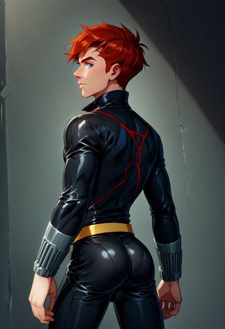 score_9, score_8_up, score_7_up, 1boy, solo,  cute boy, James Rogers, Blue Eyes, Red Hair, bulge, black widow costume,  black leather bodysuit, partially unzipped, male cleavage, yellow belt, yellow bracers, from behind, looking back, butt