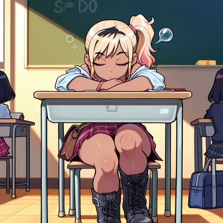 masterpiece,best quality,amazing quality, gyaru, short, side ponytail, black hair, blonde highlights, loose button up shirt, bra straps, plaid skirt, unlaced boots, satchel bag, asleep at desk, snore bubble, classroom, spd0ru, NishimuraXL, scottp  <lora:ScottPilgrim-IL:0.3> <lora:AKinuNishimura_Style-12:0.5> <lora:Speedoru_(Artstyle)_[Illustrious]_epoch_6:0.65>