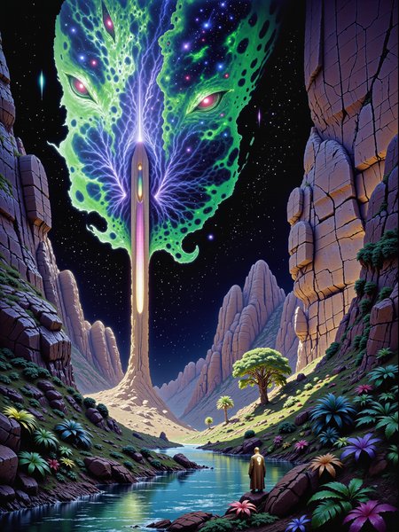 extremely detailed alcohol ink and watercolor painting on rough watercolor paper, vaporwave aesthetic, the composition follows the golden ratio, the focus is a beautiful, grotesque, boundless, primordial creature with a long neck, faintly crimson glowing eyes and overlapping iridescent shimmering blue-green scales in a lush, paradisiacal oasis, teeming with life, hidden within a barren badlands valley of an alien planet, under an awe-inspiring otherworldly night sky illuminated by a vibrant galactic nebula, the oasis sits at the valley's heart, its still waters reflect the cosmos above, vibrant foliage in deep greens, blues, and purples surrounds the water, contrasting against the rough, jagged stone of the valleyâs cliffs, the cliffs loom over the oasis, their rocky surfaces weathered and etched with time, casting deep shadows and adding a sense of isolation, at the center of the oasis, a towering primordial creature drinks from the spring, its ancient form dominating the wildness of the oasis, a rare sight, it stands as a guardian of this secluded paradise, adding an air of mystery and awe, the creature is gigantic, with a powerful yet graceful form, its iridescent scales reflecting subtle hints of the nebulaâs colors, its posture is calm, exuding a sense of ancient wisdom, with crimson glowing eyes hinting at awareness of its surroundings, slightly elevated, wide-angle shot, capturing both the oasis in full view and the surrounding badlands cliffs, emphasizing the oasis's lushness against the desolate valley, diffused, cosmic lighting from the nebula bathes the scene in a surreal glow, casting hues of violet, blue, and pink across the oasis, the light is soft and mystical, with subtle reflections and shimmers on the water, dappled illumination creates pockets of light and shadow on the creature's form and the lush foliage, contrasting with the deep shadows along the cliff walls, exaggerated color contrasts between the vibrant oasis and the dark valley stone, highly atmospheric, masterful composition, mystical, otherworldly, in the style of ck-ovf, <lora:epic_gorgeous_details-balance-flux-by_flyway:0.88> <lora:style-oneviolentfantasy-ep21-flux-by_chronoknight:0.92>
