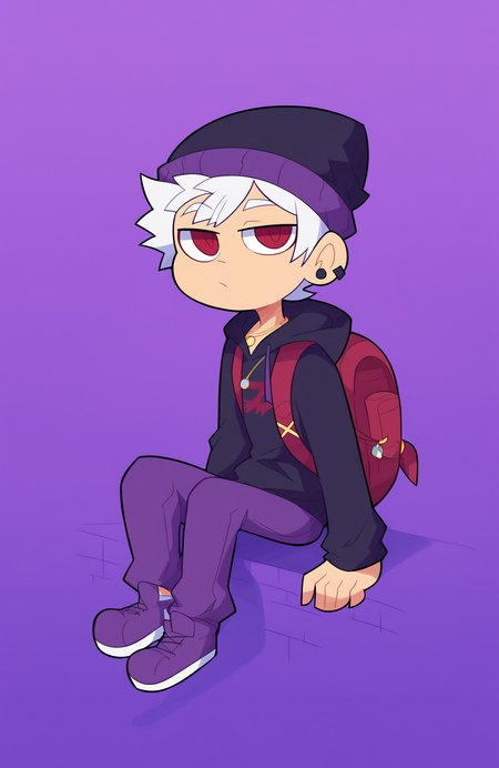 score_9, score_8_up, score_7_up, score_6_up, score_5_up, score_4_up, BREAK
purple pants, red eyes, shoes, solo, hat, pants, hood, black hoodie, long sleeves, beanie, white hair, purple headwear, purple footwear, hoodie, male focus, 1boy, white background, shadow, purple background, drawstring, short hair, bag, necklace, backpack, jewelry, chibi, hood down, full body, ear piercing, piercing, sitting, black headwear, simple background
 <lora:miscon_ponyxl:1>