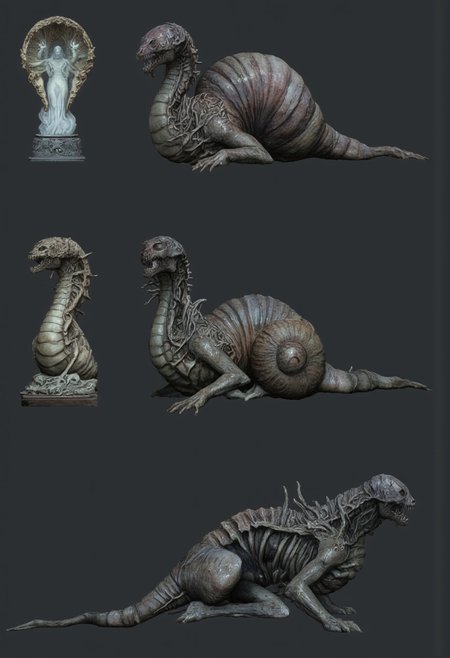 DGC style, MikeFranchinastyle, ghiblistyle, hkevil, berserk style, Surreal art, d4artstyle, d4concept, , bbstyle,, horror theme,, zbrush, ZBClay model of a gray sculpture
Set against a solid dark color background to emphasize its unnatural form and grotesque eerie and unsettling anatomy that emphasizes its silhouette. The medium is not a traditional painting or illustrative medium like watercolor or ink but rather a digital 3D rendering.
This creature, depicted in various forms, presents a fusion of snake and snail features. Its core design revolves around a serpentine body integrated with a shell. In the first render, the creature appears ethereal and luminous, with a pearl-like, almost celestial shell and a pale, ghostly body. The second showcases a more grounded version, blending the predatory menace of a cobra's hood with a weathered, earthy shell, exuding primal aggression. The third form introduces a darker tone, combining the sleek, glossy black scales of a viper with a sinister spiral shell, emphasizing its lurking danger. Finally, the skeletal form reveals its bare structure—a haunting visage with a crumbling skull and spine, implying decay or a postmortem state. Each rendition highlights a unique perspective, showing its versatile and eerie nature.