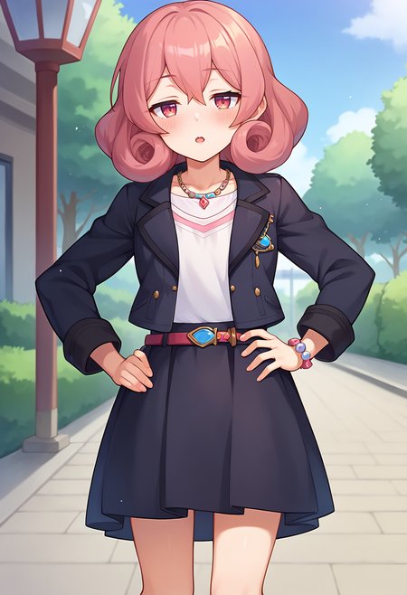 score_9, score_7_up, hd, (ultra hd quality details), source_anime, outdoors,
solo, 1girl, nenekapcr, curly hair,
skirt, black jacket, open jacket, shirt, jewelry, necklace, collarbone, long sleeves, black skirt, belt,
looking at viewer, blush, half-closed eyes, open mouth, 
standing, hand on hip,
<lora:_neneka_pcr-elesico-ponyr1:1>