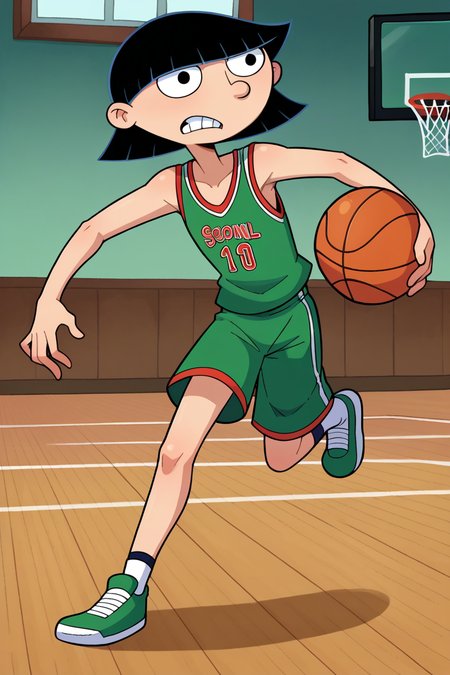score_9, score_8_up, score_7_up, score_6_up, BREAK rhonda,1girl, solo,full body,playing basketball, black hair, bob cut,blunt bangs, clenched teeth, black eyes,green basketball uniform, basketball court, flat chest, dribbling \(basketball\),  running,    <lora:RhondaPony:1>