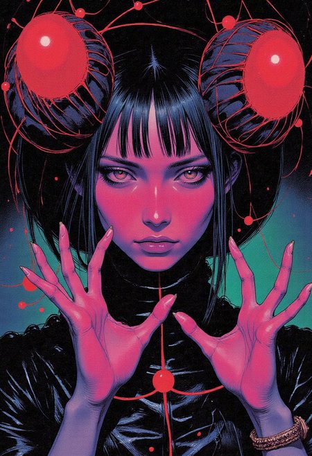 In a striking, colored manga sketch inspired by dark fantasy, an eerie and haunting extreme close-up of the face of a female piuchen, a shape-shifting creature from Chilote mythology, is presented. The serpent-like being's visage exudes an air of mystery, with violet eyes that seem to glow in the darkness, lobed ears, long nose and broad shoulders. Her unusual face shape features high cheekbones, while her ash blonde hair falls in straight bangs across her forehead. Amusement flickers across her expression as she shares knowledge and insights with other magical beings, all clad in magician robes, straw hats, and Mary Jane shoes. The background showcases the radiant aura of a fairy queen's emerald palace, complete with thatch roofing, glass windows, luminescent deep-sea creatures, and bioluminescent organisms illuminated by black lights. The macabre artwork is hyper-detailed in its modern dark fantasy style, featuring intricate linework and expert use of light and shadow to create a captivating image that blends the familiar with the unfamiliar, boasting pastels, obsidian stone vibration, hexagonal prism shapes, transcendent elements, dotted lines, zigzag lines, octagon magic, and a mystic gesture as she extends her hands in arcane symbols. A radiant hologram haze envelops the entire scene, creating an otherworldly ambiance that further emphasizes the piuchen's mysterious allure., <lora:test2-000013-nistyle:0.8> Nistyle,<lora:DND_GRAINYBOYZ_FG_FLUX_V2_ROMULUS_Lora:0.35><lora:DND_COLORBOYZ_FG_FLUX_REMUS_Lora:0.25> DNdGr41nyB0yz style, <lora:Wiz-Arcana-Spectral_Glow:0.55> spectral glow, chromatic grain, motion blur, diffuse silhouette, light leak effect, prism effect, inverted negative film, ethereal <lora:Softlight:0.5> SoftLight effect, film grain