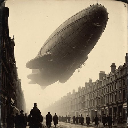 01dPh0t0 dark, shadow, distorted, grainy, film grain, Victorian, An aged worn sepia monochrome 1800s photograph of an (enormous and intricately detailed high-tech science fiction alien spacecraft)2, angular, (anachronistic)3, hovering over 1890s London, low angle looking up, ominous, looming, massive sense of scale, nervous people on the streets looking upward