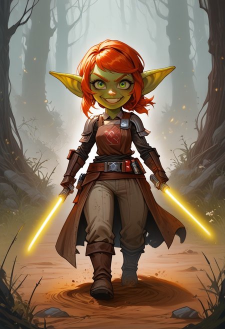 thick outlines, extremely detailed, sharp focus, HD, 1girl, solo, a Goblin woman, short stature, shortstack, pointed ears, big eyes, green skin, with short ginger hair and large swept bangs, wearing goggles with glowing green lenses, dark red mail, with green chain boots, silver rectangular shield, sword on her hip, confident smile, walking, eyes to the side. Setting forest, dirt path, dark grass, fog, low light. green eyes, blue lightsaber, laser sword, long sword,